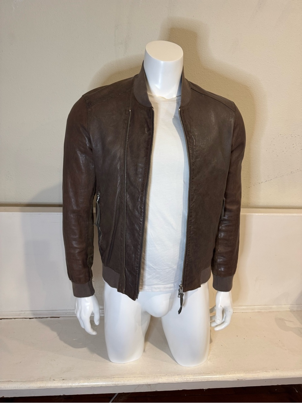 AllSaints Langley Bomber Jacket, Brown Leather, Suede Panel, medium RARE archive